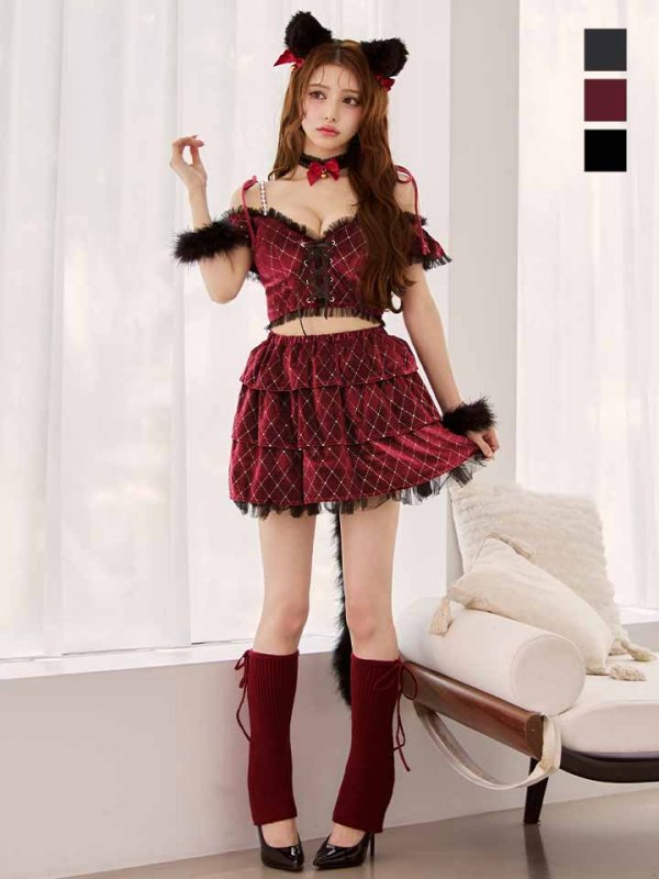 画像2: 【即日発送】【ハロウィン】キャットオフショルビジューセットアップ【コスプレ6点セット】【XS-Lサイズ/3カラー】[HC03] (2)