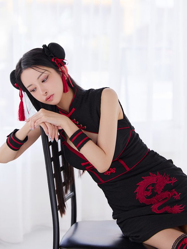 画像12: 【即日発送】【ハロウィン】シャーリングドラゴン刺繍タイトチャイナ【コスプレ4点セット】【XS-Lサイズ/1カラー】[HC03] (12)