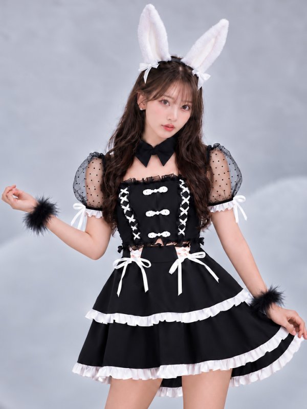 画像1: 【即日発送】【送料無料！】【ハロウィン】レースアップホワイトリボンバニーコスプレ【コスプレ7点SET】【Sサイズ】[OF04] (1)
