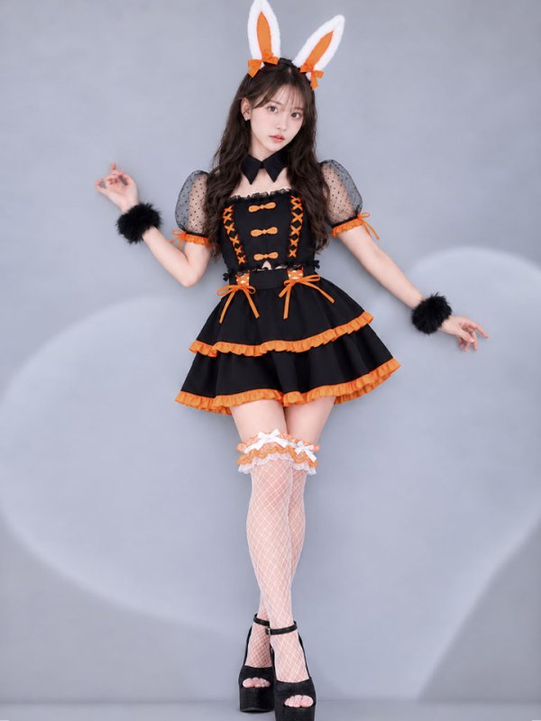 画像2: 【即日発送】【送料無料！】【ハロウィン】レースアップオレンジリボンバニーコスプレ【コスプレ7点SET】【Mサイズ】[OF04] (2)