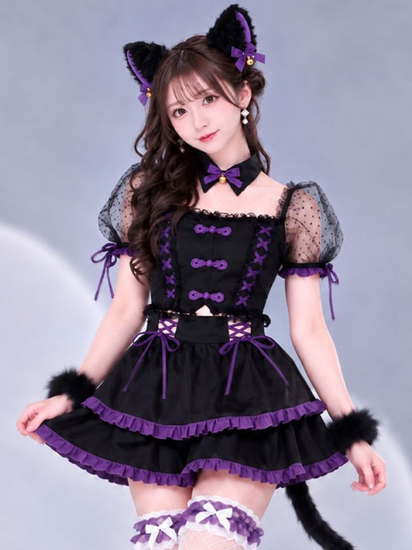 画像3: 【即日発送】【送料無料！】【ハロウィン】レースアップリボンキャットコスプレ【コスプレ6点SET】【Sサイズ/3カラー】[OF04] (3)
