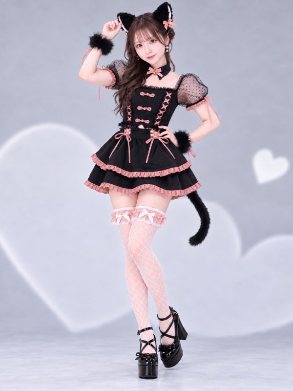 画像2: 【即日発送】【送料無料！】【ハロウィン】レースアップピンクリボンキャットコスプレ【コスプレ6点SET】【Sサイズ】[OF04] (2)