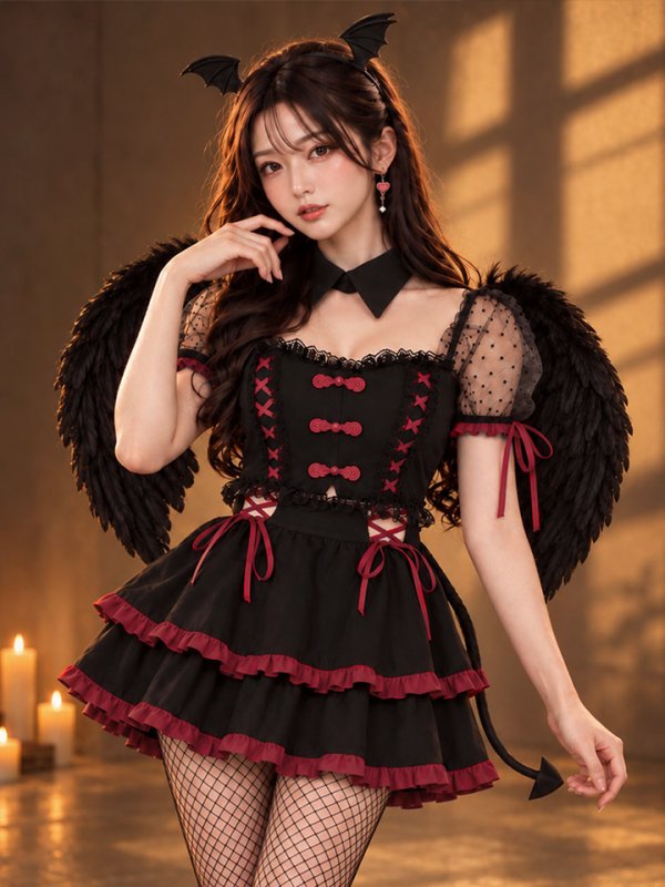 画像1: 【即日発送】【送料無料！】【ハロウィン】レースアップリボンデビルコスプレ【コスプレ6点SET】【S-Mサイズ/3カラー】[OF04] (1)