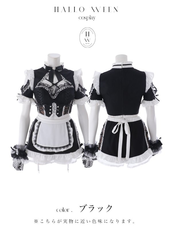 画像24: 【送料無料！】【ハロウィン】リボンヘッドレースアップゴシックメイドコスプレ【コスプレ5点SET】【XS-Lサイズ】【予約/10月上旬発送予定】[OF03]三上悠亜着用 (24)