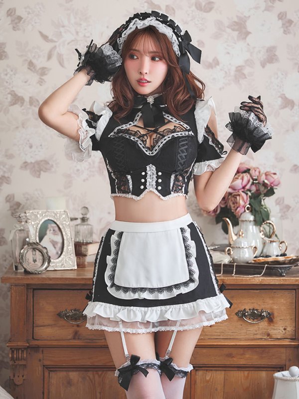 画像5: 【送料無料！】【ハロウィン】リボンヘッドレースアップゴシックメイドコスプレ【コスプレ5点SET】【XS-Lサイズ】【予約/10月上旬発送予定】[OF03]三上悠亜着用 (5)