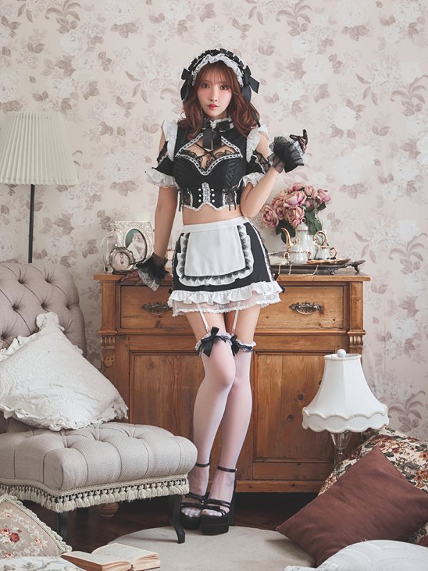 画像11: 【送料無料！】【ハロウィン】リボンヘッドレースアップゴシックメイドコスプレ【コスプレ5点SET】【XS-Lサイズ】【予約/10月上旬発送予定】[OF03]三上悠亜着用 (11)
