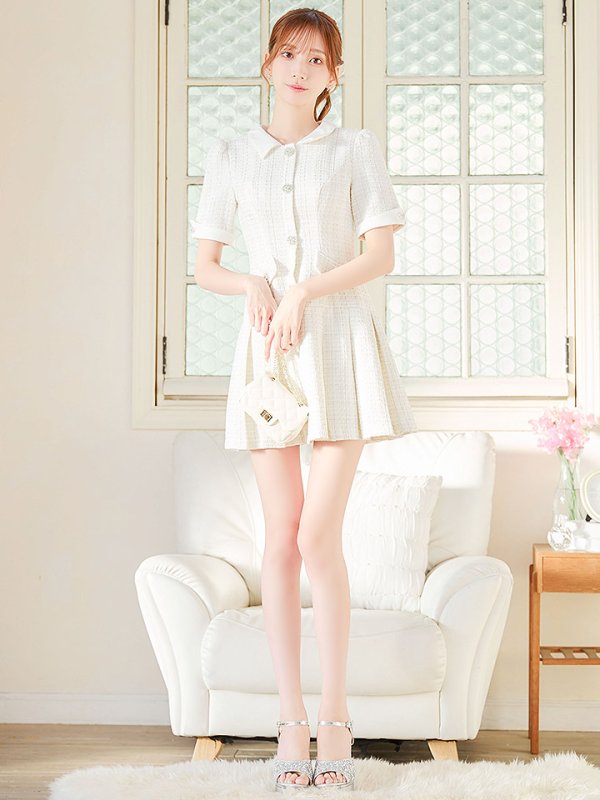 襟付きツイードビジュープリーツドレス/キャバドレス【XS-XLサイズ/1カラー】[OF04] 【SB】dzco - ドレスショップ Jewels（ ジュエルズ）