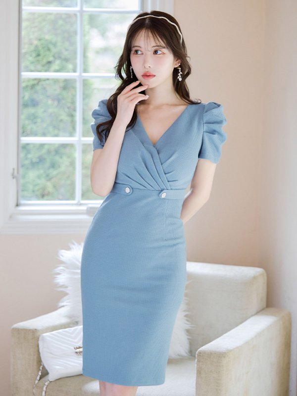 画像3: ワッフルミディアムドレス/パフスリーブ/谷間見せ/背中隠し/タイト/ミニドレス/ワンピース/キャバドレス【S-Lサイズ/1カラー】[OF03B] 【IM】 (3)