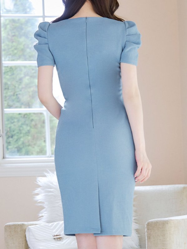 画像6: ワッフルミディアムドレス/パフスリーブ/谷間見せ/背中隠し/タイト/ミニドレス/ワンピース/キャバドレス【S-Lサイズ/1カラー】[OF03B] 【IM】 (6)