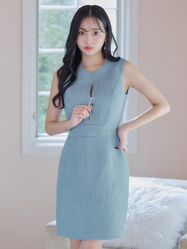 画像3: ノースリーブツイードドレス/タイト/ジップ/背中隠し/キャバドレス/ワンピース/ミニドレス【XS-Mサイズ/1カラー】[OF03] 【IM】 (3)