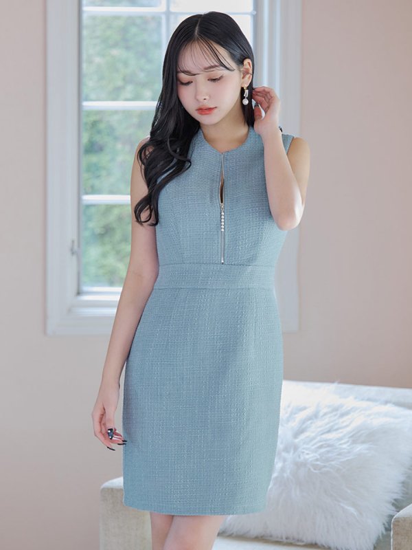 画像9: ノースリーブツイードドレス/タイト/ジップ/背中隠し/キャバドレス/ワンピース/ミニドレス【XS-Mサイズ/1カラー】[OF03] 【IM】 (9)