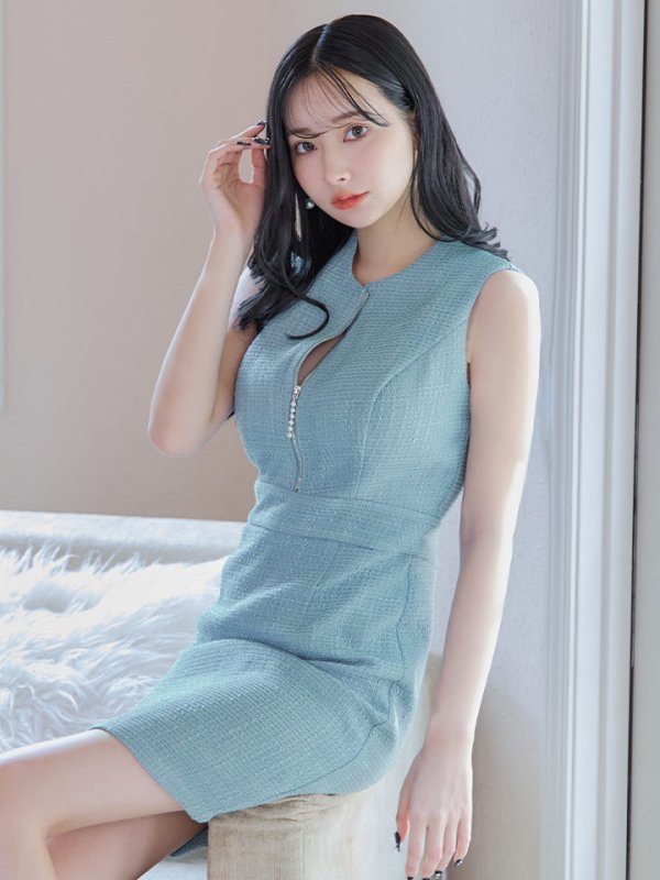 画像10: ノースリーブツイードドレス/タイト/ジップ/背中隠し/キャバドレス/ワンピース/ミニドレス【XS-Mサイズ/1カラー】[OF03] 【IM】 (10)