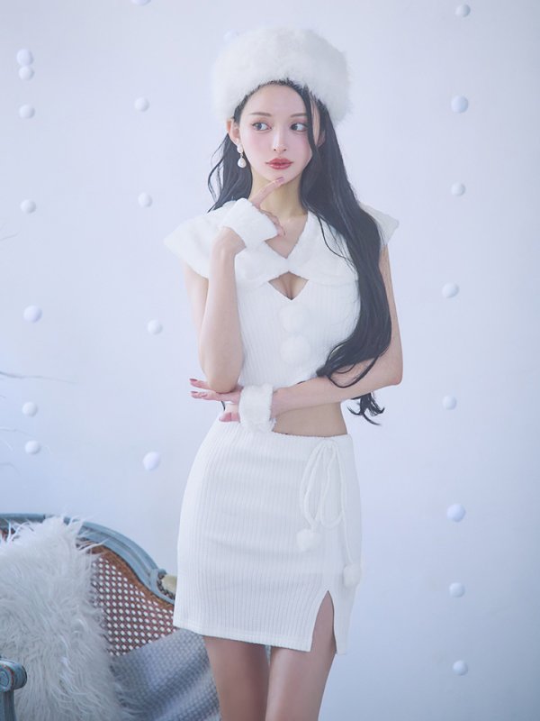 画像7: 【ノベルティ対象】【即日発送！】【サンタコス 4点セット】【XS-Lサイズ】ファーティペット付きニットセットアップサンタコスプレ(SLG001)(SFB001)[YMT] (7)