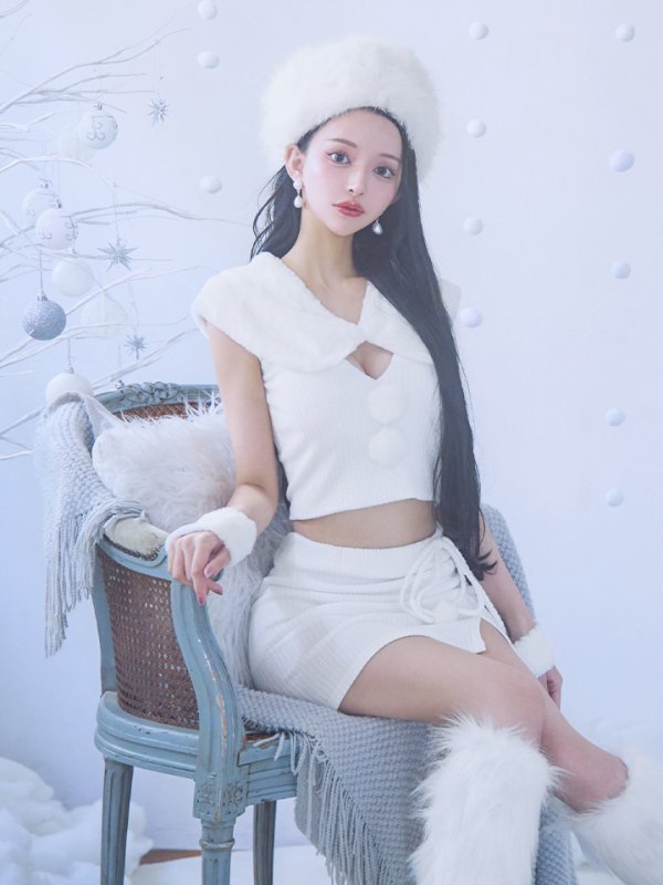 画像7: 【ノベルティ対象】【即日発送！】【サンタコス 5点セット】【XS-Lサイズ/1カラー】ファーティペット付きニットセットアップサンタコスプレ(SLG001)(SFB001)[YMT] (7)