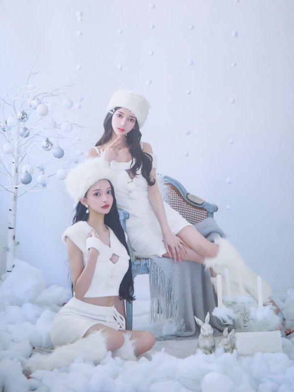 画像2: 【ノベルティ対象】【即日発送！】【サンタコス 4点セット】【XS-Lサイズ】ファーティペット付きニットセットアップサンタコスプレ(SLG001)(SFB001)[YMT] (2)