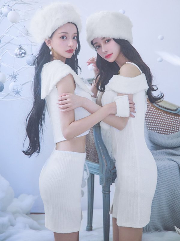 画像4: 【ノベルティ対象】【即日発送！】【サンタコス 4点セット】【XS-Lサイズ】ファーティペット付きニットセットアップサンタコスプレ(SLG001)(SFB001)[YMT] (4)