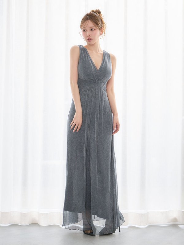 画像4: グリッターラメロングドレス/カシュクール/ノースリーブ/谷間見せ/背中隠し/キャバドレス【S-XLサイズ/2カラー】[OF03B] (4)