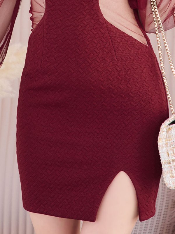 画像6: ワンカラービジュードレス/ロングスリーブ/シアー袖/ロングスリーブ/ウエストサイドシアー/タイトスカート/谷間見せ/背中隠し/ミニドレス/キャバドレス【S-Lサイズ/2カラー】[OF03B-X 【IM】 (6)