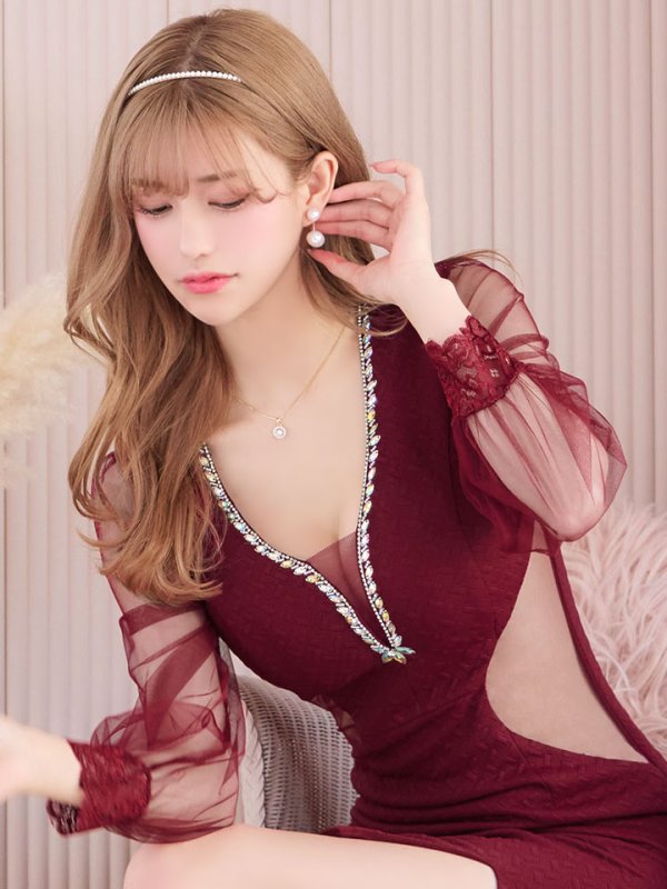 画像13: ワンカラービジュードレス/ロングスリーブ/シアー袖/ロングスリーブ/ウエストサイドシアー/タイトスカート/谷間見せ/背中隠し/ミニドレス/キャバドレス【S-Lサイズ/2カラー】[OF03B-X 【IM】 (13)