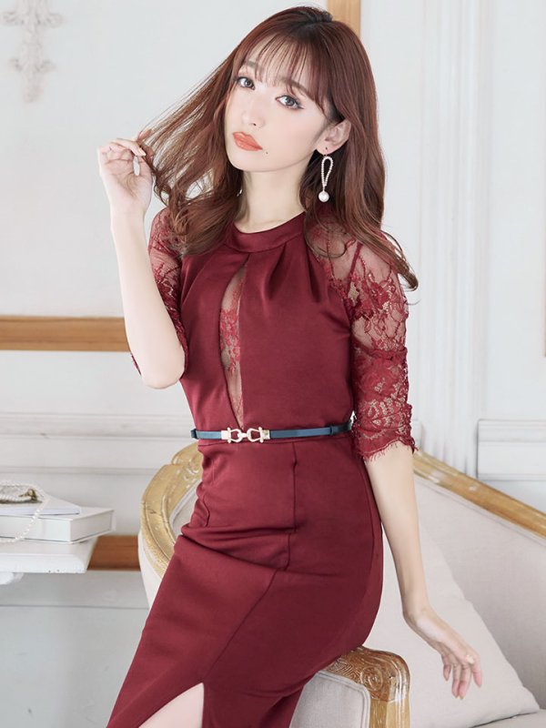 画像2: SALE!花柄刺繍レースドレス/ホルターネック/胸元カット/ベルト/透け感/谷間見せ/ロングドレス/キャバドレス【S-Lサイズ/1カラー】[OF03B-X] 【IM】 (2)