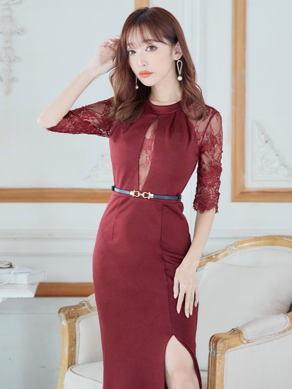 画像4: SALE!花柄刺繍レースドレス/ホルターネック/胸元カット/ベルト/透け感/谷間見せ/ロングドレス/キャバドレス【S-Lサイズ/1カラー】[OF03B-X] 【IM】 (4)