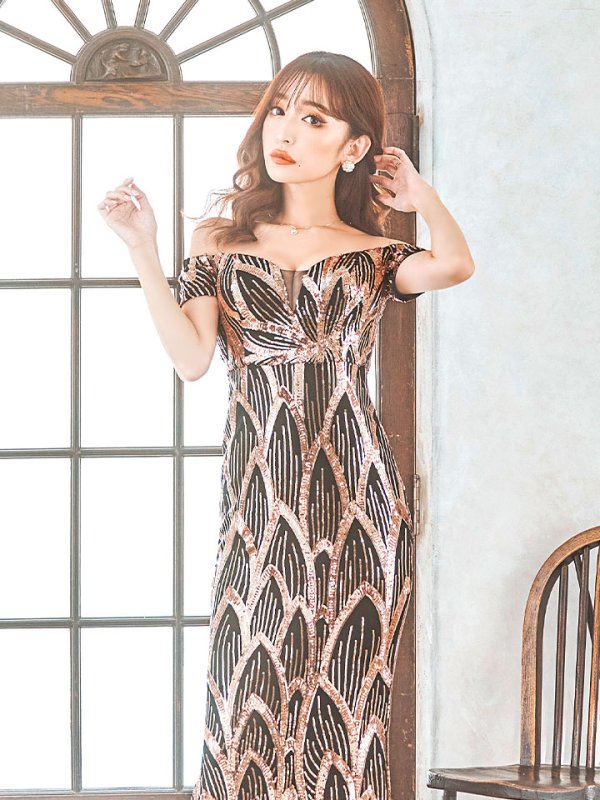 画像7: スパンコールマーメイドロングドレス/谷間見せ/ショートスリーブ/ロングドレス/キャバドレス【S-Mサイズ/2カラー】[OF03B-X] 【IM】 (7)