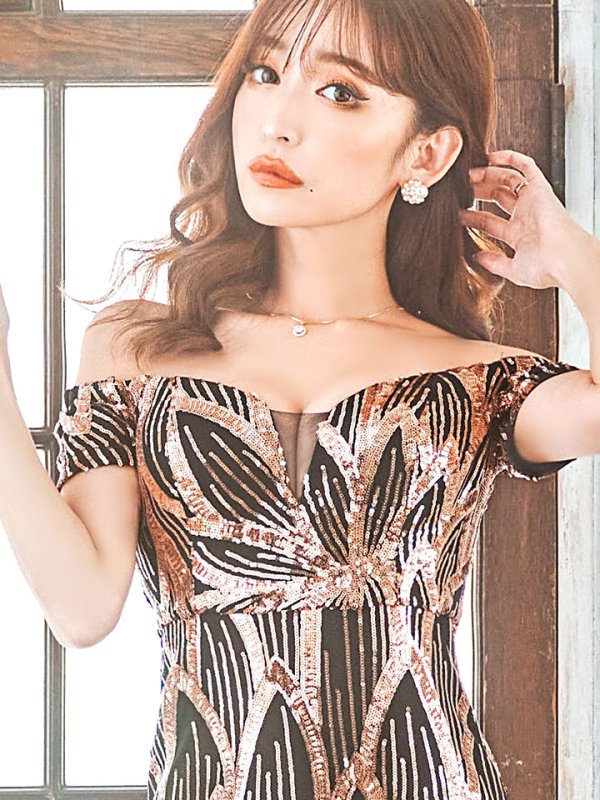 画像12: スパンコールマーメイドロングドレス/谷間見せ/ショートスリーブ/ロングドレス/キャバドレス【S-Mサイズ/2カラー】[OF03B-X] 【IM】 (12)