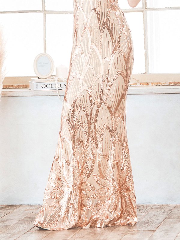 画像6: スパンコールマーメイドロングドレス/谷間見せ/ショートスリーブ/ロングドレス/キャバドレス【S-Mサイズ/2カラー】[OF03B-X] 【IM】 (6)