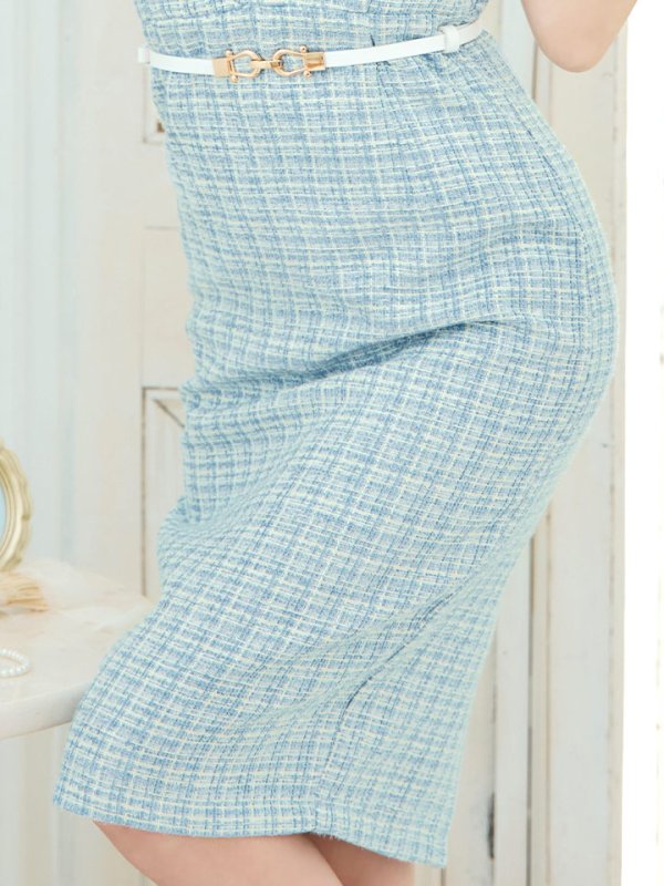 画像5: ノースリーブツイードタイトドレス/谷間見せ/タイト/ベルト/ミディアムドレス/キャバドレス【S-Mサイズ/1カラー】[OF03B] 【IM】 (5)