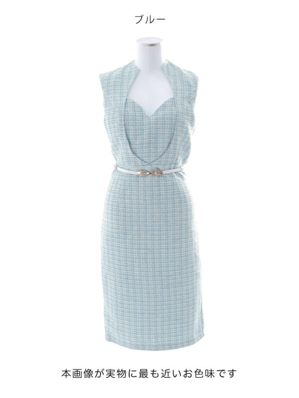 画像11: ノースリーブツイードタイトドレス/谷間見せ/タイト/ベルト/ミディアムドレス/キャバドレス【S-Mサイズ/1カラー】[OF03B] 【IM】 (11)