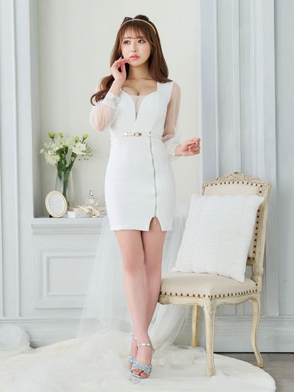 画像4: ボリュームシアースリーブ/チュール袖/ロングスリーブ/肌見せ/谷間見せ/背中見せ/タイト/ミニドレス/キャバドレス【S-Lサイズ/2カラー】[OF03B] 【IM】 (4)