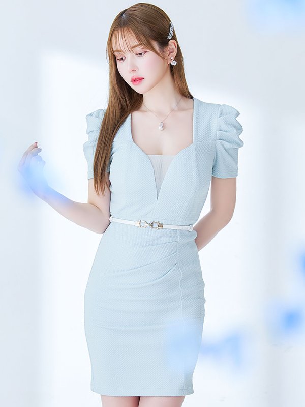 画像4: 再入荷！ボリューム袖/ポコポコ生地/半袖/胸元透け/シアー/谷間見せ/背中隠し/ミニドレス/キャバドレス【XS-Lサイズ/2カラー】[OF03B] 【IM】 (4)