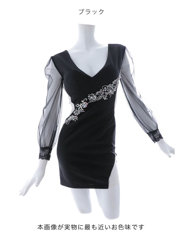 画像13: ビジュー刺繍チュール袖ドレス/レース/チュール/ビジュー/透け/ゴージャス/谷間見せ/キャバドレス/ミニドレス【S-Mサイズ/1カラー】[OF03B] 【IM】 (13)