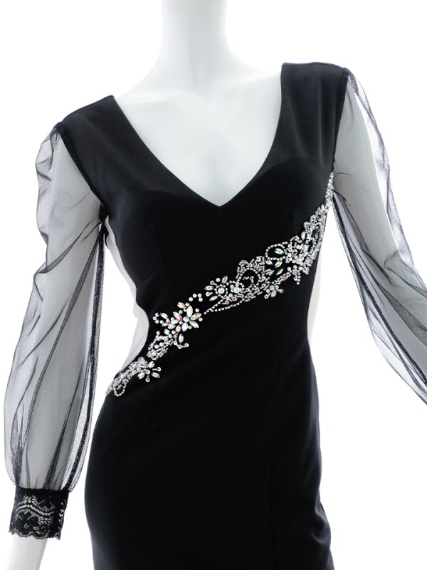 画像12: ビジュー刺繍チュール袖ロングドレス/レース/チュール/ビジュー/透け/ゴージャス/谷間見せ/キャバドレス/ロングドレス【S-Mサイズ/1カラー】[OF03B] 【IM】 (12)