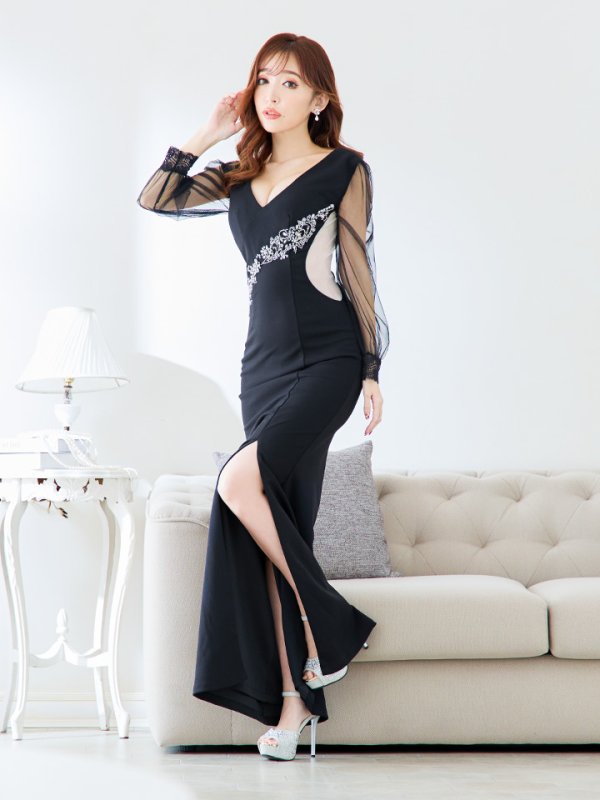 画像2: ビジュー刺繍チュール袖ロングドレス/レース/チュール/ビジュー/透け/ゴージャス/谷間見せ/キャバドレス/ロングドレス【S-Mサイズ/1カラー】[OF03B] 【IM】 (2)