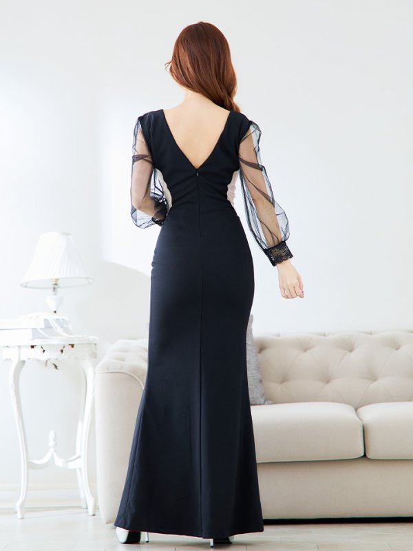 画像6: ビジュー刺繍チュール袖ロングドレス/レース/チュール/ビジュー/透け/ゴージャス/谷間見せ/キャバドレス/ロングドレス【S-Mサイズ/1カラー】[OF03B] 【IM】 (6)