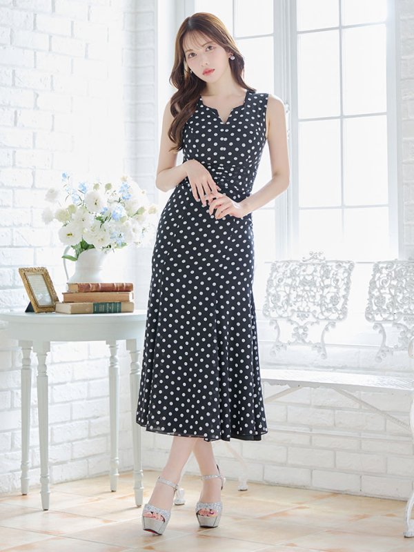 画像3: 水玉ワンピースドレス/フレアー/ノースリーブ/谷間見せ/背中隠し/ミディアムドレス/キャバドレス【S-Lサイズ/2カラー】[OF03B] 【IM】 (3)