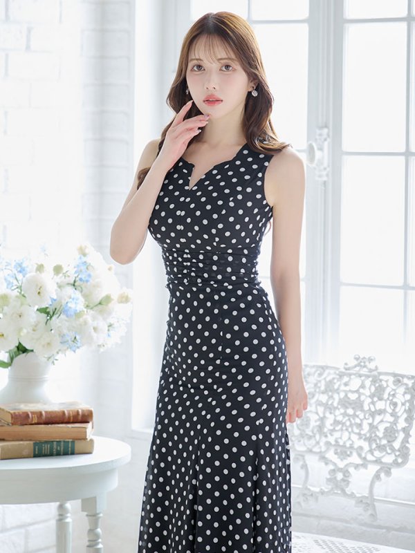 画像4: 水玉ワンピースドレス/フレアー/ノースリーブ/谷間見せ/背中隠し/ミディアムドレス/キャバドレス【S-Lサイズ/2カラー】[OF03B] 【IM】 (4)