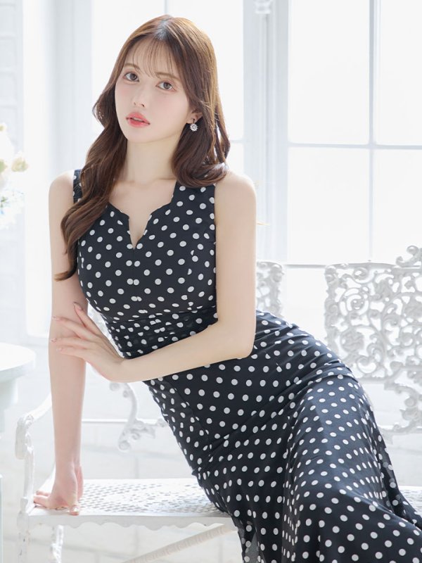 画像8: 水玉ワンピースドレス/フレアー/ノースリーブ/谷間見せ/背中隠し/ミディアムドレス/キャバドレス【S-Lサイズ/2カラー】[OF03B] 【IM】 (8)