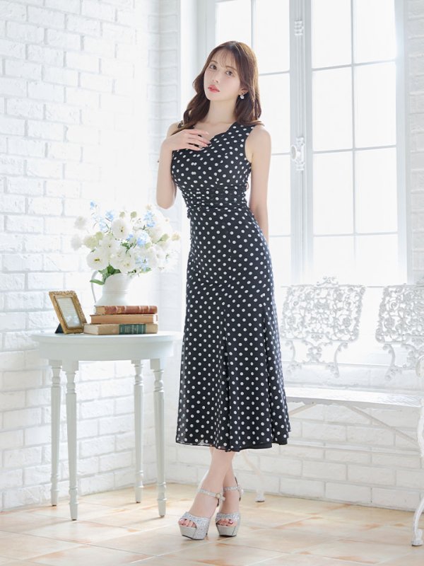 画像10: 水玉ワンピースドレス/フレアー/ノースリーブ/谷間見せ/背中隠し/ミディアムドレス/キャバドレス【S-Lサイズ/2カラー】[OF03B] 【IM】 (10)