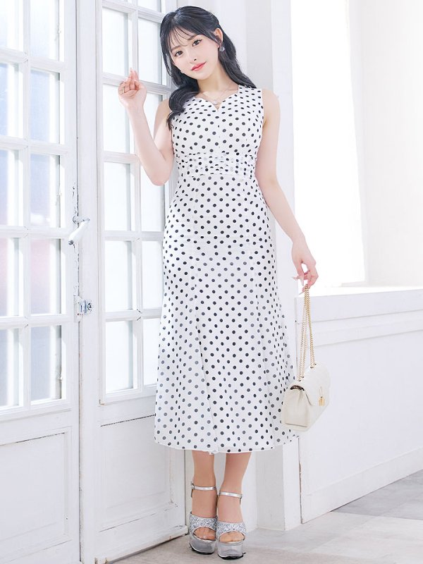 画像3: 水玉ワンピースドレス/フレアー/ノースリーブ/谷間見せ/背中隠し/ミディアムドレス/キャバドレス【S-Lサイズ/2カラー】[OF03B] 【IM】 (3)