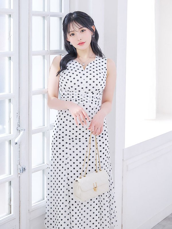 画像15: 水玉ワンピースドレス/フレアー/ノースリーブ/谷間見せ/背中隠し/ミディアムドレス/キャバドレス【S-Lサイズ/2カラー】[OF03B] 【IM】 (15)
