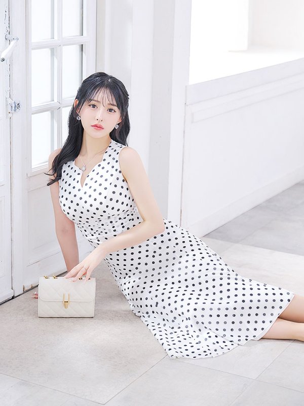 画像17: 水玉ワンピースドレス/フレアー/ノースリーブ/谷間見せ/背中隠し/ミディアムドレス/キャバドレス【S-Lサイズ/2カラー】[OF03B] 【IM】 (17)
