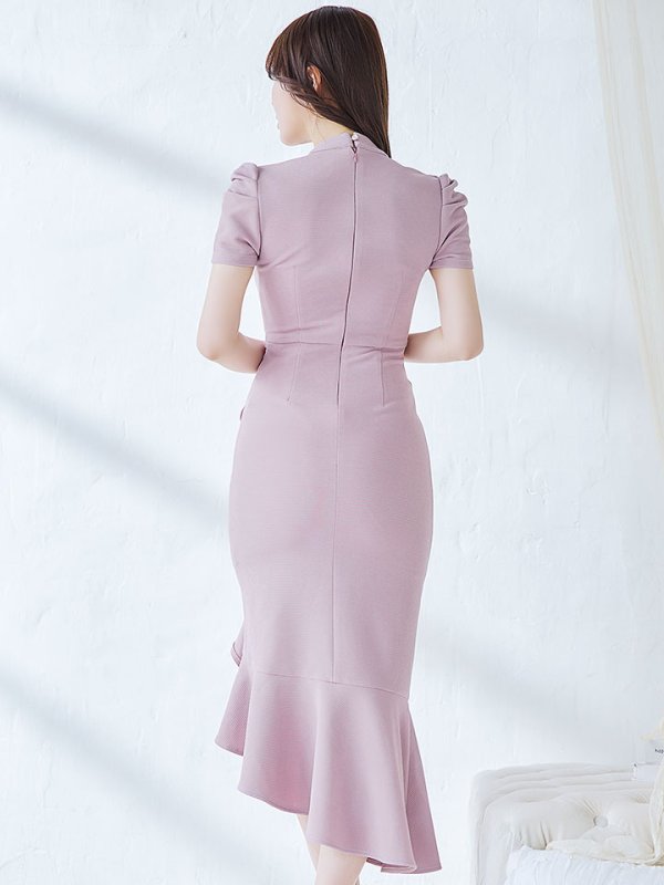 画像7: 再入荷!マーメイドフリルドレス/胸元オープンカット/ベルスリーブ/布ベルト/谷間見せ/背中隠し/ミディアムドレス/キャバドレス【S-Lサイズ/1カラー】[OF03B-U] 【IM】 (7)