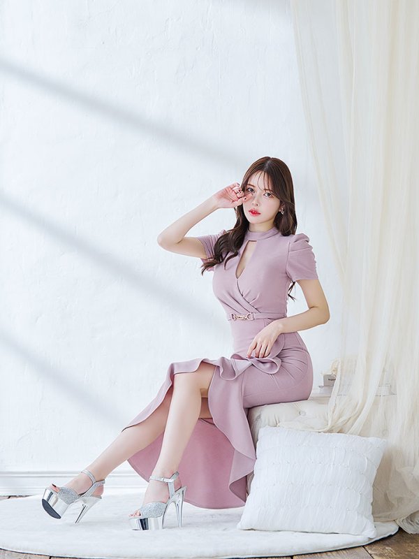 画像8: 再入荷!マーメイドフリルドレス/胸元オープンカット/ベルスリーブ/布ベルト/谷間見せ/背中隠し/ミディアムドレス/キャバドレス【S-Lサイズ/1カラー】[OF03B-U] 【IM】 (8)