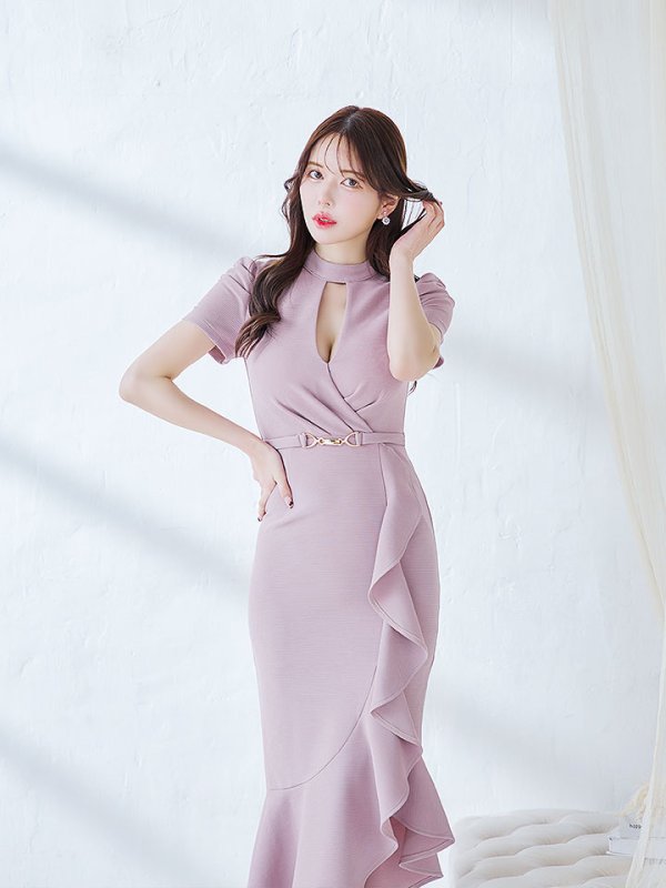 画像11: 再入荷!マーメイドフリルドレス/胸元オープンカット/ベルスリーブ/布ベルト/谷間見せ/背中隠し/ミディアムドレス/キャバドレス【S-Lサイズ/1カラー】[OF03B-U] 【IM】 (11)