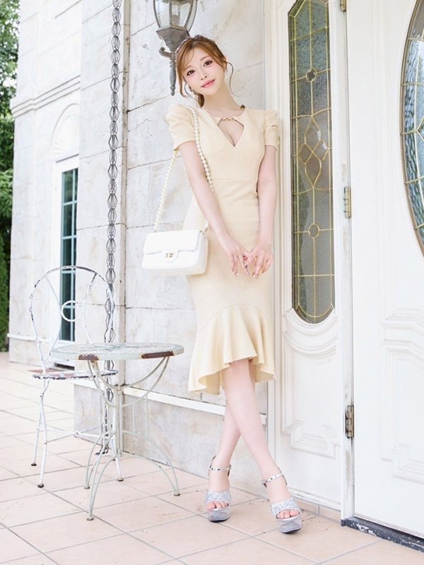 画像12: ワッフルマーメイドドレス/ワッフル生地/半袖/谷間見せ/背中隠し/ミディアムドレス/キャバドレス【S-Lサイズ/1カラー】[OF03B] 【IM】 (12)