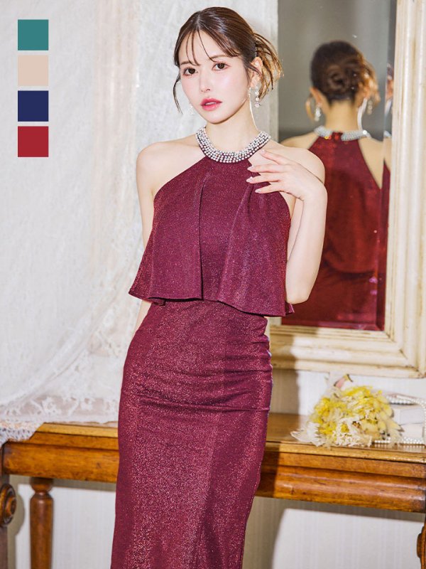 画像4: 送料無料！ラメフリルミディアムドレス/タイト/ビジュー/グリッター/ノースリーブ/谷間隠し/背中隠し/ミディアムドレス/キャバドレス【IM】【XS-XLサイズ/4カラー】[OF03B] 【IM】dzw【一部予約商品/11月中旬発送予定】 (4)