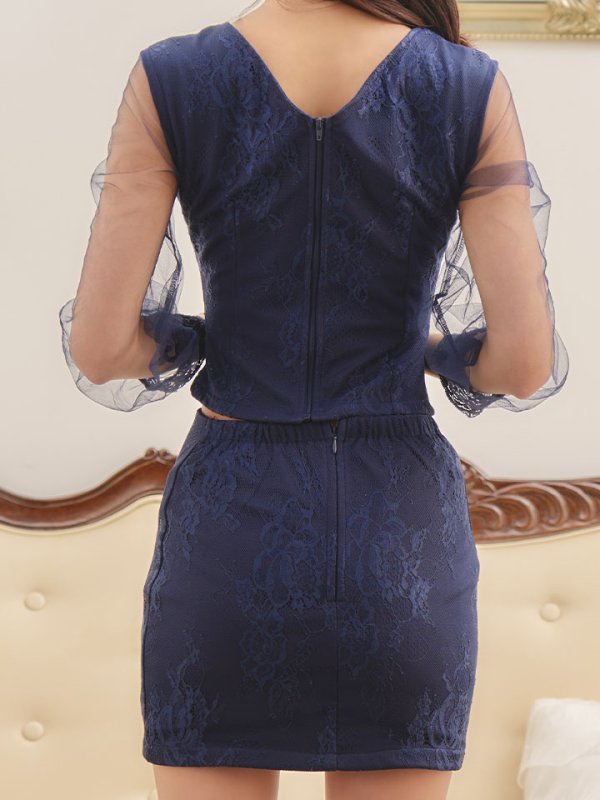 画像8: セットアップミニドレス/2ピース/刺繍レース/フロントジップ/チュール袖/キャバドレス/谷間見せ/ミニドレス/キャバドレス【XS-Lサイズ/1カラー】[OF01] 【IM】 (8)