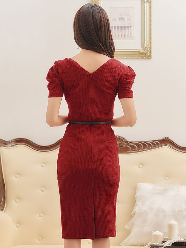 画像6: ボリューム袖/ポコポコ生地/半袖/胸元透け/シアー/ベルト/谷間見せ/背中隠し/ミディアムドレス/キャバドレス【S-Lサイズ/1カラー】[OF03B] 【IM】 (6)